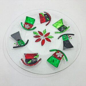 Christmas Clear Glass Hand Painted Party Cake Plate 13" Top Hats Vintage
